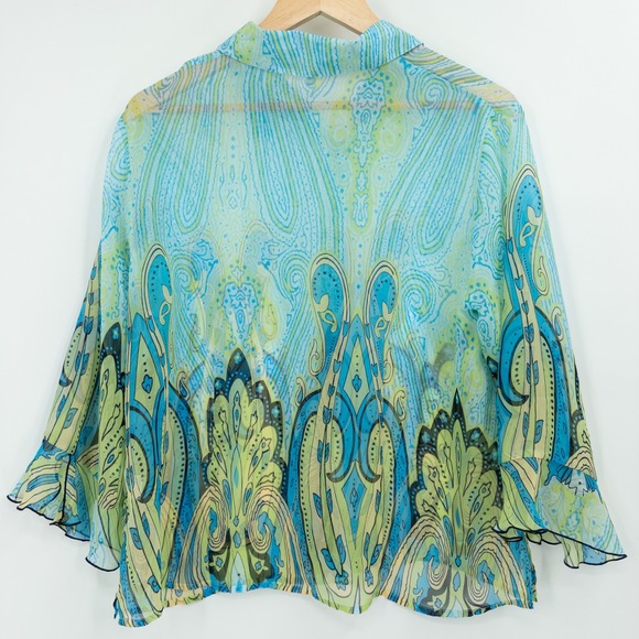 Y2K Sheer Paisley Top Womens L Turquoise Green‎ Boho Flowy Top Retro Peasant - Picture 8 of 11